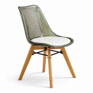 Chaise à manger en plastique vert avec assise en tissu blanc et pieds en bois