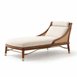 Chaise longue en tissu beige et bois d'hévéa avec rotin