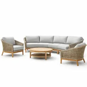 Ensemble de canapés de salon d'extérieur en résine tressée et bois, coussins gris clair