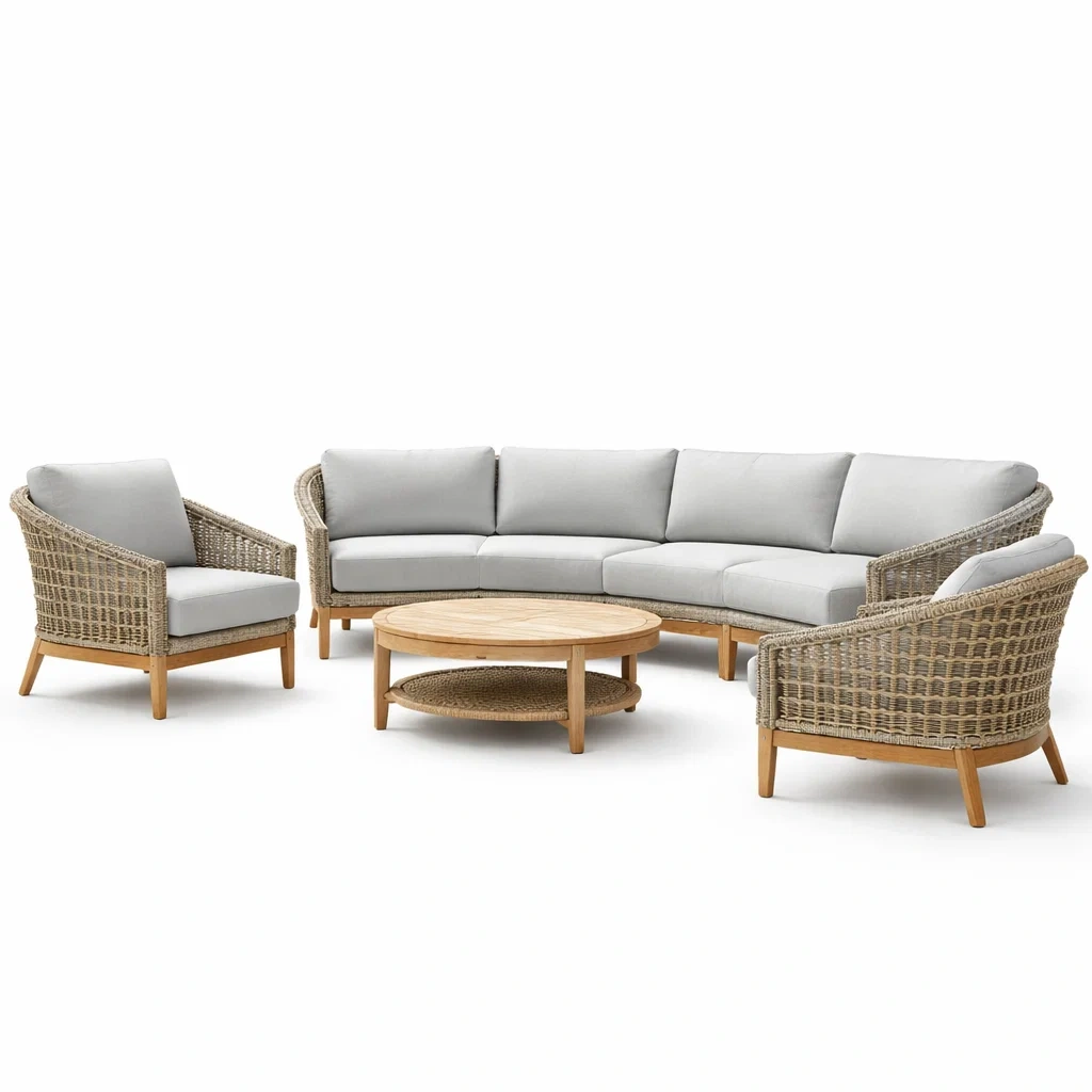 Ensemble de canapés de salon d'extérieur en résine tressée et bois, coussins gris clair