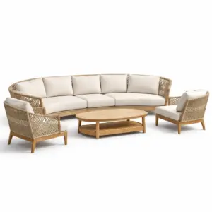 Ensemble de canapés de jardin en rotin avec coussins beige et table basse ovale en bois